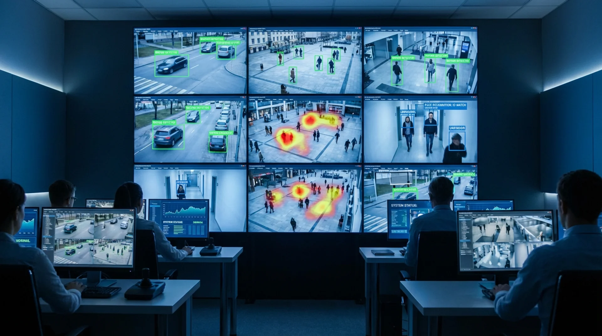 Control room operators monitoring analytics dashboards and industrial systems