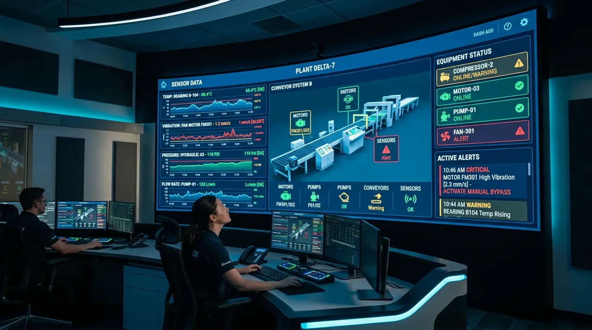 Industrial sensors and control-room dashboard for live asset visibility